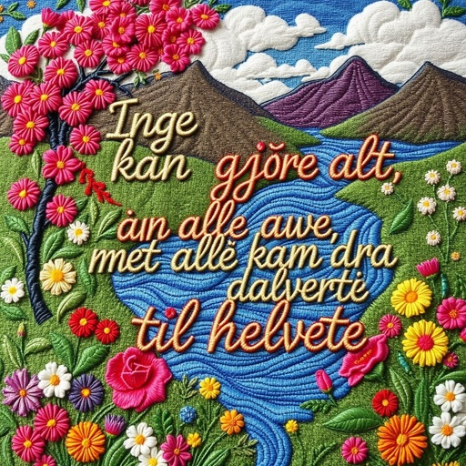 A colorful tapestry, intricate embroidery depicting a serene landscape filled with blooming flowers and flowing rivers. Bold, swirling letters showcase the phrase “Ingen kan gjøre alt, men alle kan dra til helvete” in vibrant threads. Fine details of nature, contrasting emotions, and hidden symbols of struggle beautifully woven into a rich fabric background.