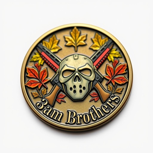 A round challenge coin features cross rifles positioned behind a Fallout 4 mask. Vibrant maple leaves encircle the edge, enhancing the autumnal theme. The words "3am Brothers" in elegant gothic text command attention. The vintage bronze finish gleams softly, while the smooth edge invites tactile exploration. A proud military symbol of camaraderie.