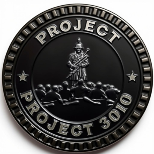 Challenge coin design featuring a round shape, forged from metal with a matte black finish. A ridged edge encircles the coin. Bold text style displays 'Project 300'. Centered, an engraved image of a vigilant guard standing watch over recruits adds depth, symbolizing strength and commitment, embodying the commemorative theme.