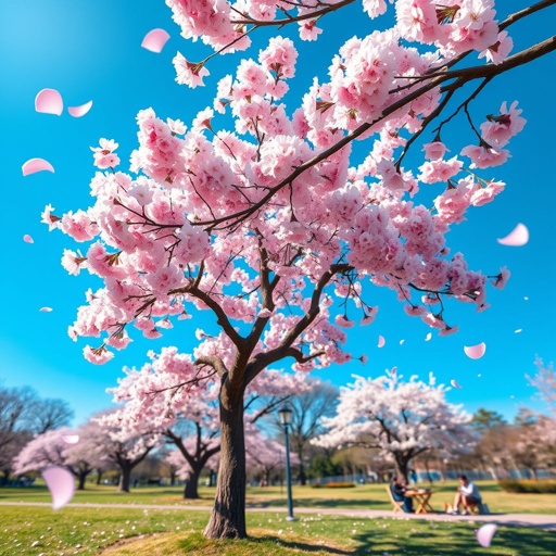 Create a vibrant digital artwork showcasing a blossoming cherry tree in full bloom under a clear blue sky. Add delicate petals drifting in the gentle breeze, with a peaceful park scene in the background featuring people enjoying a picnic. Enhance the colors to evoke a sense of tranquility and renewal.