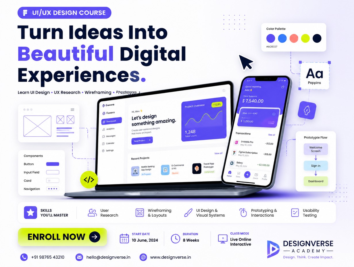 Use a 1080 × 1350 px portrait layout for Instagram/social media. At the top, place a small label such as “UI/UX DESIGN COURSE”, followed by a large headline: “Turn Ideas Into Beautiful Digital Experiences.” Add a short line underneath: Learn UI Design • UX Research • Wireframing • Prototyping.
For the main visual, show a laptop or floating mobile-app screens surrounded by UI elements—cursor arrows, grids, component cards, color swatches, wireframes, and prototype connectors. This immediately communicates what the course teaches.
For styling, use a light off-white background with electric purple/blue gradients, dark navy text, rounded cards, subtle shadows, and one bright accent such as lime or coral. Fonts like Poppins, Inter, or Manrope would fit well.
At the bottom, create a bold CTA area with “Enroll Now”, then add the start date, duration, class mode, contact details, and your logo/academy name. Keep these details smaller so the headline and UI mockups remain the visual focus.
A good hierarchy would be: Course label → Big headline → UI mockup → Skills covered → Enroll Now → Contact details.