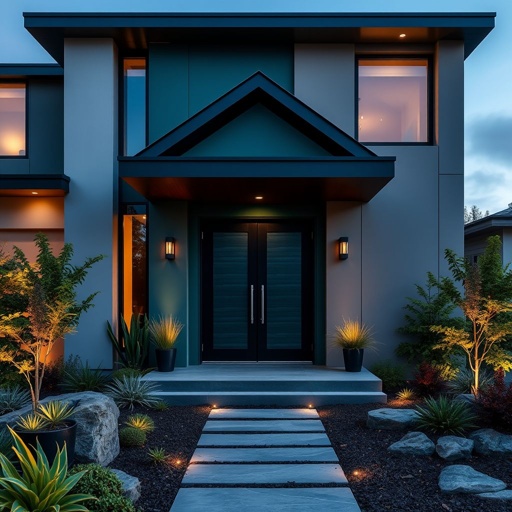 A contemporary house showcasing sleek lines and geometric shapes, adorned with a jewel-toned exterior color scheme featuring deep emeralds and rich sapphires. A striking double door entry, flanked by elegant transom windows. Surrounding modern landscape design includes vibrant foliage, textured stone paths, and eco-friendly elements illuminated by soft LED lighting.