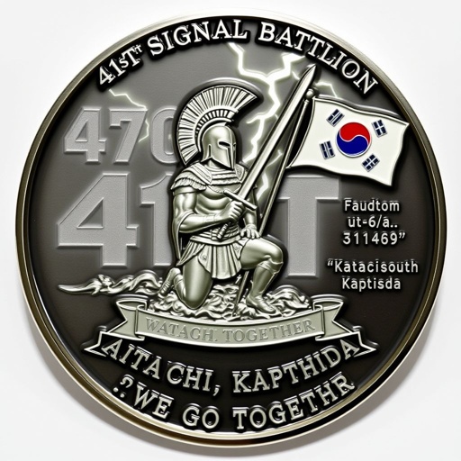 A stunning challenge coin featuring a kneeling Spartan figure, poised against a shimmering lightning sword. Random four-digit numbers, ghostly and faded, create a dynamic background. An elegant banner at the base displays "41st Signal Battalion." Two flags—American and South Korean—flutter majestically. The back showcases "Katachi, Kapshida," along with the poignant quote, "We Go Together." Custom-shaped, polished metal gleams in silver. Smooth edges enhance the coin's military aesthetic, with italic text style and exquisite engraved imagery. Medium-sized, a perfect tribute, evoking strength and unity.
