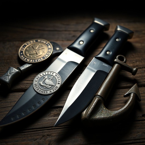 A polished challenge coin glimmers under dim light, intricate designs reflecting history. A sturdy bowie knife rests nearby, its blade sharp and combat-ready, handle adorned with dark leather grips. An old, rusting anchor lies on weathered wood, hinting at maritime adventures. The low-profile drug running boat, camouflaged, whispers secrets of the sea.