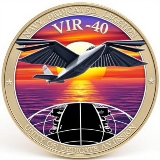 A striking **Navy VRC-40 commemorative coin** design featuring a **C-2A Greyhound** in mid-flight, wings majestically spread. Behind, a vibrant **sunset** casts hues of orange and purple across a gentle ocean. Beneath, the shadow of an **aircraft carrier deck** emerges. Faint **globe latitude/longitude lines**, punctuating the global mission. Text arcs gracefully above and below. Symbols of unity, dedication, and legacy resonate through each detail.