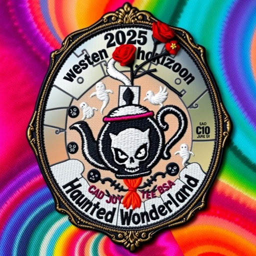 An embroidered patch resembling a cracked mirror, enveloped in an ornate frame. A vibrant background, harmonizing with chosen colors. The year “2025” graces the top, while “Western Horizon Fall Camporee” and “Haunted Wonderland” appear in eerie, whimsical script. C10, JR, and BSA logos subtly integrated. Teapot centerpiece, pouring tea downwards. Enigmatic Mad Hatter’s hat, adorned with a white card and a black skull. Mischievous Cheshire Cat with grinning face and piercing eyes. Steam swirling upward, ghostly figures emerging. Delicate red roses at the top, petals cascading down, resembling fragmented glass. Perfectly capturing the haunted whimsy.