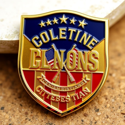 Challenge coins featuring a striking shield shape, crafted from polished metal material. Pocket-sized dimensions with beveled edges, exuding elegance. A commemorative theme highlighted by a dual-tone color scheme, combining rich gold and deep blue. Bold text style overlays flags imagery, with an embossed texture adding depth and tactile intrigue, perfect for display.