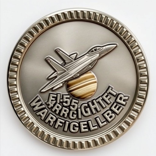 A striking challenge coin, round shape, symbolizing valor and achievement. Gleaming silver color with a matte finish, ridged edge accentuating its robust design. Central 3D relief image depicting an F-15 soaring above Saturn, satellite orbiting. Bold text style embracing a military theme, radio waves emanating, capturing the spirit of warfighter excellence.