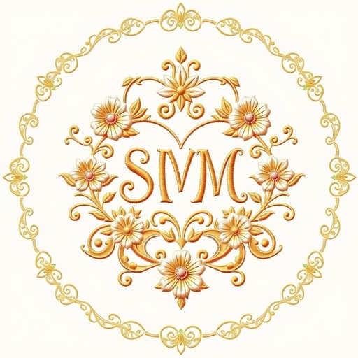 Elegant embroidery design showcasing intertwined initials "SMM" and "AM" in elaborate floral motifs. Soft pastel colors blend with gold threads. Delicate patterns framing a heart shape, symbolizing unity. Traditional paisley elements add cultural richness. Artistic borders feature filigree details, enhancing the charm. Perfectly balanced composition celebrating love and craftsmanship.