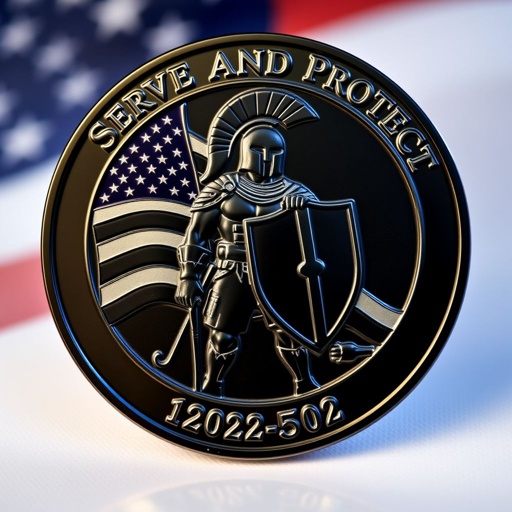 A polished black challenge coin gleams under soft light. The year "2025-02" elegantly arches along the bottom edge. An American flag waves gently in the backdrop. A heroic Spartan stands resolute, gripping a thin blue line shield. Above, the words "Serve and Protect" gracefully curve, creating a captivating emblem of valor.