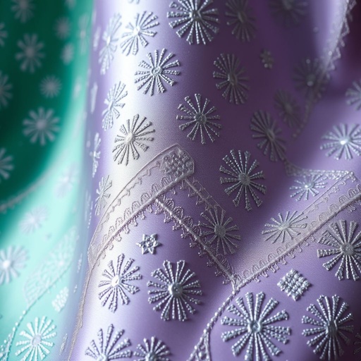 Intricate embroidery on soft silk fabric, showcasing a stunning array of geometric patterns. Delicate cross-stitch techniques highlighted with shimmering metallic threads, each stitch glimmering in the light. A captivating gradient color palette, transitioning gracefully from deep emerald to soft lavender, creates a rich visual tapestry, blending tradition and modern artistry beautifully.