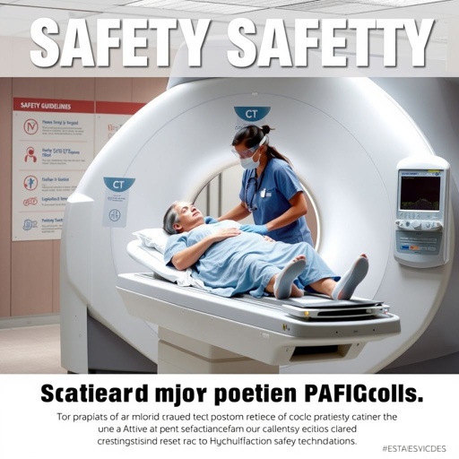 Create a visually striking safety poster featuring a patient lying on a CT scan bed, with a compassionate nurse by their side, both wearing protective gear. The background should display safety guidelines and clear contrast between the serene environment and the high-tech machinery, emphasizing the importance of patient care and safety protocols.