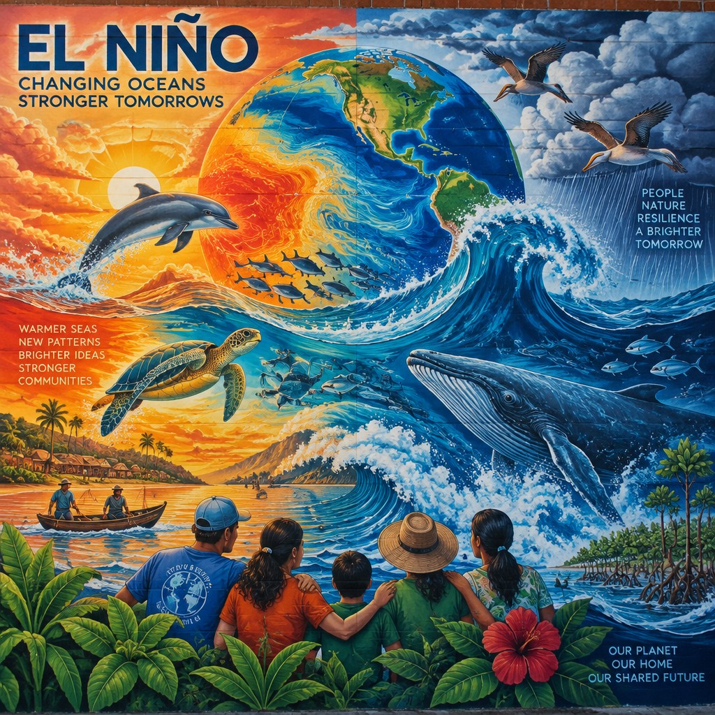 Create a professional graphic design.
Design Brief: Create a vibrant mural that captures the essence of El Niño, showcasing its dynamic weather patterns. Illustrate swirling ocean waves, contrasting warm and cool colors representing temperature fluctuations, and diverse wildlife adapting to the changing environment. Include human figures interacting with nature, symbolizing resilience and unity during climate shifts.
Create a professional, high-quality design that is ready for use. Ensure the design is visually appealing, well-balanced, and appropriate for the intended purpose.