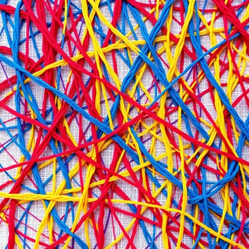 A vibrant, abstract canvas, colorful intertwining threads. Bold primary hues of red, blue, and yellow. Cross stitches create a chaotic yet harmonious pattern. Soft polyester fabric as the backdrop, enhancing texture. Intricate designs emerge, a fusion of modern artistry and traditional embroidery. An enigmatic statement within the delicate stitches lingers.