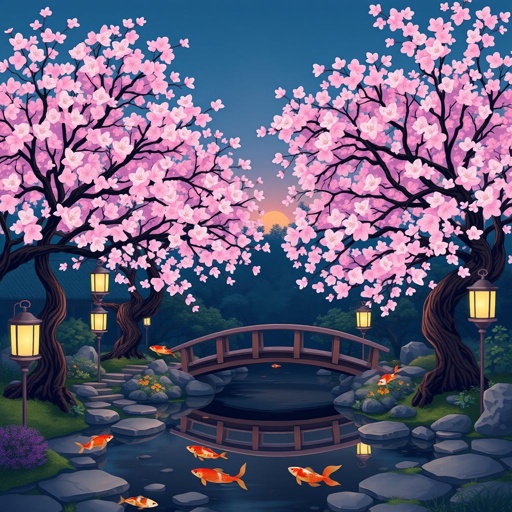 Create an illustration of a serene Japanese garden at dusk, featuring delicate cherry blossom trees in full bloom. Include a small wooden bridge over a tranquil pond, with koi fish swimming beneath the surface. Soft lanterns emit a warm glow, illuminating stone paths and creating a peaceful atmosphere for reflection.