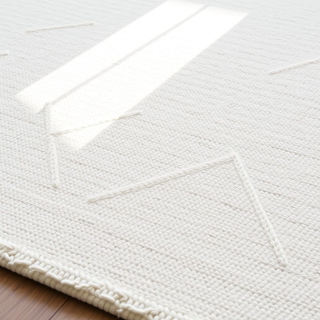 Scandinavian rug, soft texture, white and beige background, geometric design. Clean lines, sharp angles, mountain-like peaks, subtle elegance. Natural fibers, warmth infused, minimalist aesthetic, modern home decor. Light filtering through, gentle shadows dancing on the surface, cozy ambiance. Muted color palette, inviting atmosphere, a perfect blend of comfort and sophistication.