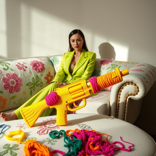Intricate embroidery patterns adorn the couch, vibrant threads scattered nearby. A woman in a tailored lime green business suit sits elegantly, a contrast of fashion and craft. Neon yarn loops together, forming a whimsical yet unsettling gun. Soft lighting bathes the room, casting shadows over a surreal scene of creativity and contradiction.