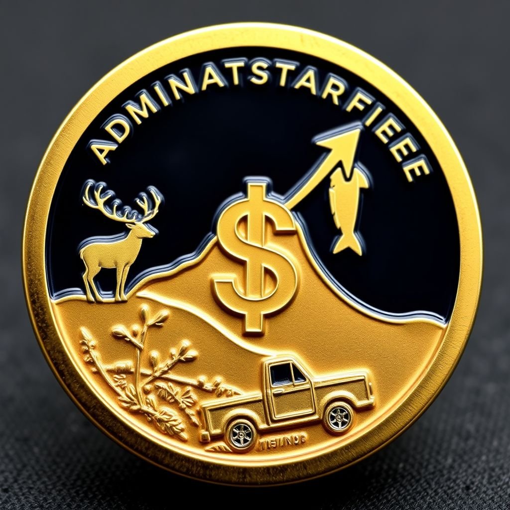 A round challenge coin, intricately designed. The surface features an upward-trending graph, symbolizing growth. Silhouettes of an elk and a fish create dynamic contrast. A prominent dollar sign gleams, representing abundance. Half of a vintage pickup truck peeks from the edge. The insignia of the Administration Bureau encircles the coin.