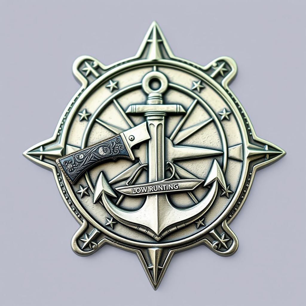 A unique challenge coin, intricately shaped like a compass rose. Centered, a detailed bowie knife with ornate handle, its blade gleaming. An anchor, robust and aged, intertwined with a sleek, low-profile drug running boat. Engraved designs of waves and stars envelop the edges, showcasing a tale of adventure and resilience. 