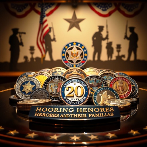 A collection of challenge coins displayed on a polished tribute table, gleaming in soft lighting. Front design adorned with detailed insignias of honor guards, rich blues, reds, and golds. 20 YEARS OF HONORING HEROES AND THEIR FAMILIES inscribed prominently in elegant font. Subtle background of patriotic motifs and silhouettes. Warm, respectful atmosphere.