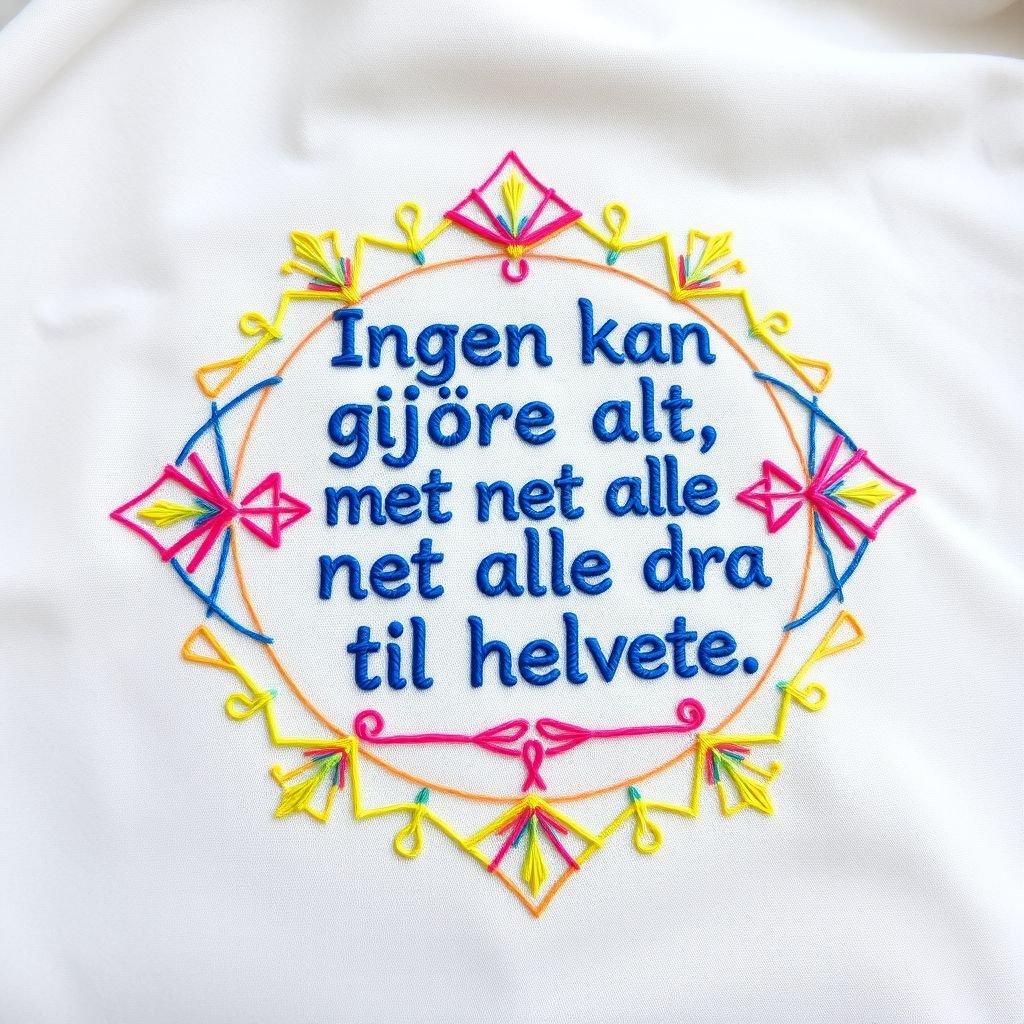 An intricate embroidery design featuring a bold slogan: "Ingen kan gjøre alt, men alle kan dra til helvete." Running stitch weaving through geometric patterns, vibrant cotton threads in shades of electric blue, neon pink, and sunny yellow. Soft polyester fabric serves as the backdrop, radiating energy and defiance through vivid motifs.