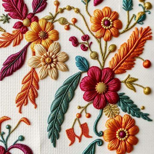 A vibrant embroidery canvas showcasing intricate backstitch patterns, adorned with shimmering metallic threads. Boho-inspired motifs of flowers and feathers intertwine, rich in earthy tones and vivid colors. Playful textures blend seamlessly, creating an inviting atmosphere. A soft, cozy background enhances the visual allure, evoking warmth and artistic flair in every detail.