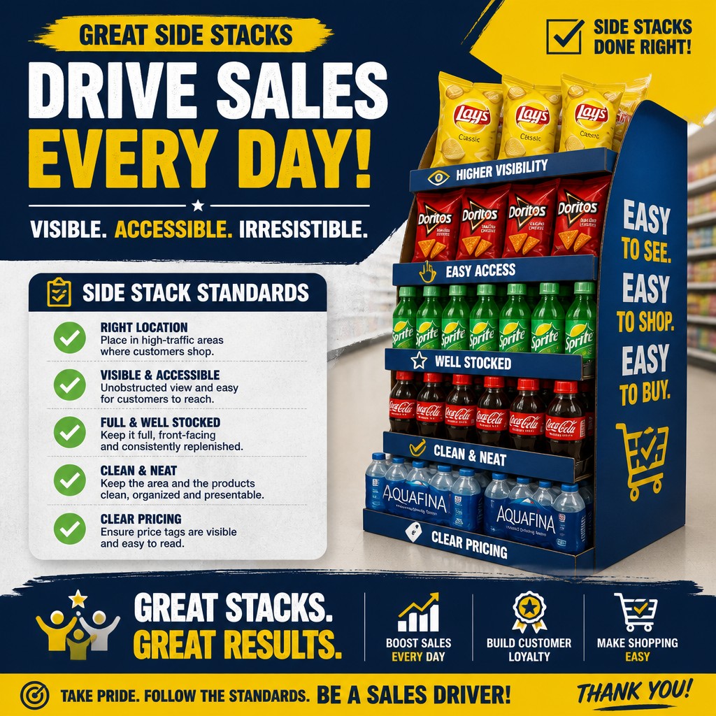Create a professional graphic design.
Design Brief: Create a visually striking poster that emphasizes 'side stack' merchandising standards. Use bold typography to highlight key points, incorporating vibrant colors that align with our brand identity. Include illustrations of properly organized products on side stacks, alongside a checklist of standards. Add motivational phrases to inspire and engage the team effectively.
Create a professional, high-quality design that is ready for use. Ensure the design is visually appealing, well-balanced, and appropriate for the intended purpose.