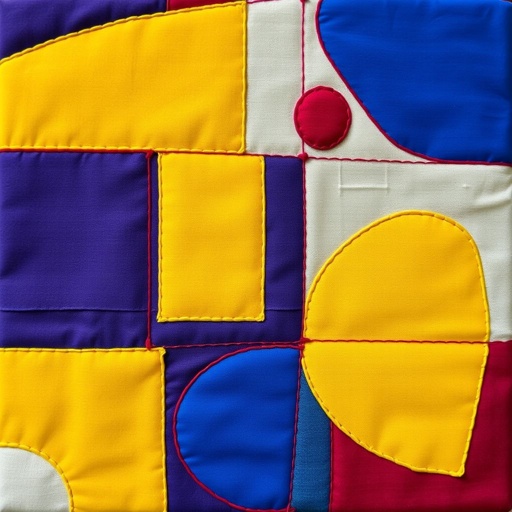 A vibrant canvas showcasing abstract shapes and patterns, intricate cross-stitching outlining bold geometric forms. Rich cotton threads intertwining in vivid primary colors—crimson, cobalt, lemon. The soft sheen of polyester fabric adding depth and texture, creating a playful yet sophisticated visual harmony. An artistic celebration of color and textile craftsmanship.