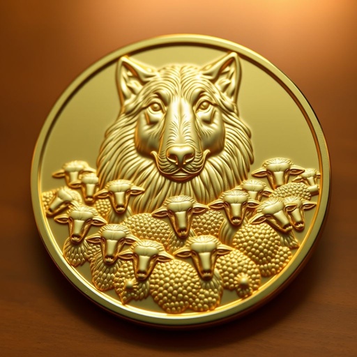 Challenge Coin, gleaming gold surface, intricate detailing. Sheepdog head, proud and protective, fierce eyes scanning the flock. A diverse array of sheep, varying shades of gold, soft textures, delicate highlights. Background, gradients of warm sunlight reflecting off the coin, creating an ethereal glow, symbolizing loyalty, bravery, and unity in nature.