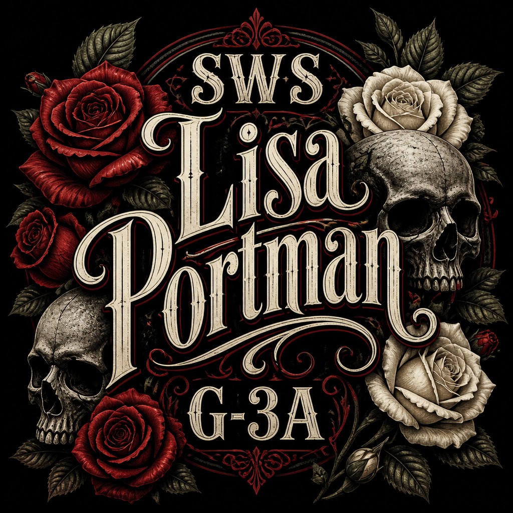 Create a professional graphic design.
Design Brief: Create a striking design featuring the text "SWS Lisa Portman G-3A" in a bold, vintage-style font. Incorporate intricate red and white roses intertwined with detailed black skulls, creating a harmonious contrast. The roses should have a realistic texture, while the skulls add an edgy element, all set against a dark backdrop.
Create a professional, high-quality design that is ready for use. Ensure the design is visually appealing, well-balanced, and appropriate for the intended purpose.
