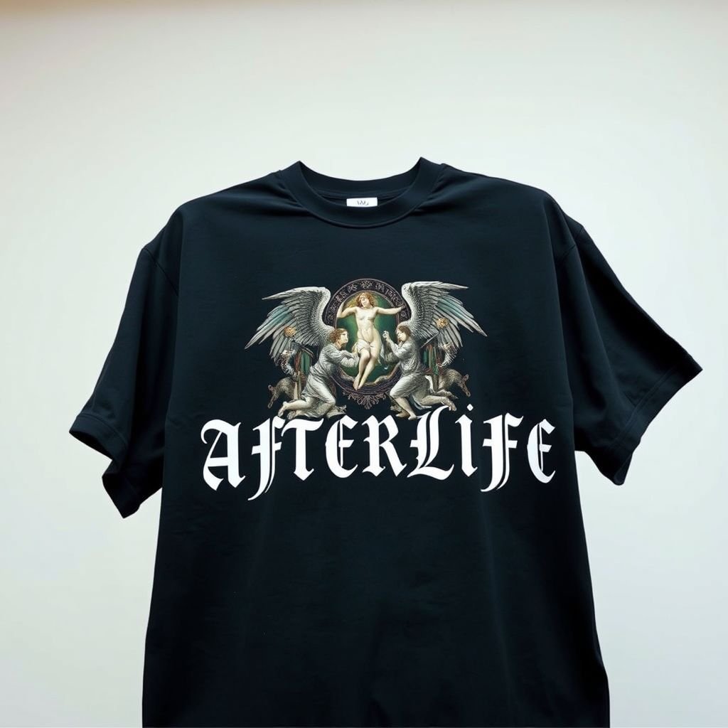 An oversized black t-shirt, soft cotton fabric, folds and drapes gracefully. A puff print design on the chest, bold gothic-style white text, "AFTERLIFE," capturing attention. Text overlaps a delicate central Renaissance-style painting, intricate angels and warriors. Premium streetwear aesthetic, contrasts sharply with a clean, minimalist studio background, highlighting upscale details.