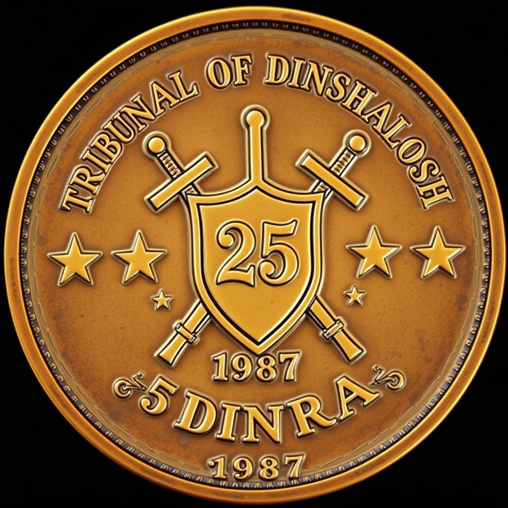 A round challenge coin, metallic allure in bronze, rustic finish illuminating adventure themes. Central shield encased by two elegantly curved swords, five-point stars adorning each side. "Tribunal of Dinshalosh" arches above, while "25 Dinra" sits below. Mint date "1987" crowns the design. Text in gothic style, ridged edges enhancing tactile experience.