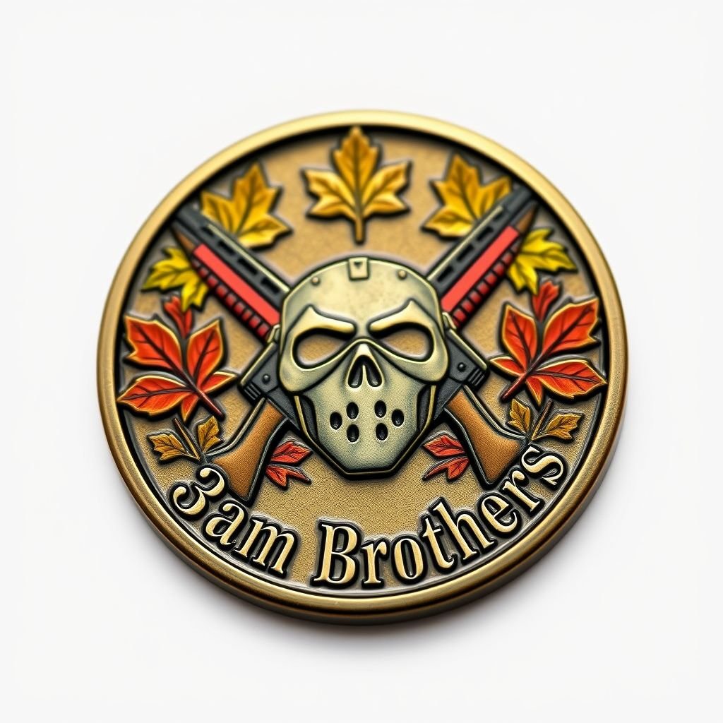A round challenge coin features cross rifles positioned behind a Fallout 4 mask. Vibrant maple leaves encircle the edge, enhancing the autumnal theme. The words "3am Brothers" in elegant gothic text command attention. The vintage bronze finish gleams softly, while the smooth edge invites tactile exploration. A proud military symbol of camaraderie.