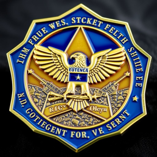An intricate challenge coin featuring a 3D emblem of an eagle in relief, perched atop a textured battlefield background. A custom star shape, colored in a vibrant gradient of blues and golds. Engraved with an inspiring slogan curving around the edge, embodying resilience and strength. Gleaming metal accents, timeless and bold.