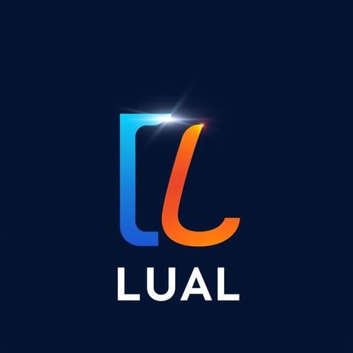 Design a modern and minimalist logo for "LUAL." Incorporate a sleek, sans-serif font with a creative twist on the letter "L," integrating light and shadow effects. Use a color palette of deep blues and vibrant oranges to evoke energy and innovation. The logo should convey a sense of connection and evolution.