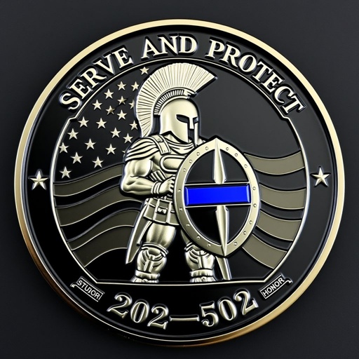 A captivating challenge coin, sleek black finish. Front side features “2025-02” elegantly curved at the bottom. The American flag ripples in the background. A resolute Spartan stands boldly, grasping a thin blue line shield. Above, the phrase “Serve and Protect” arches gracefully, epitomizing honor and dedication. Symbolic and powerful imagery.