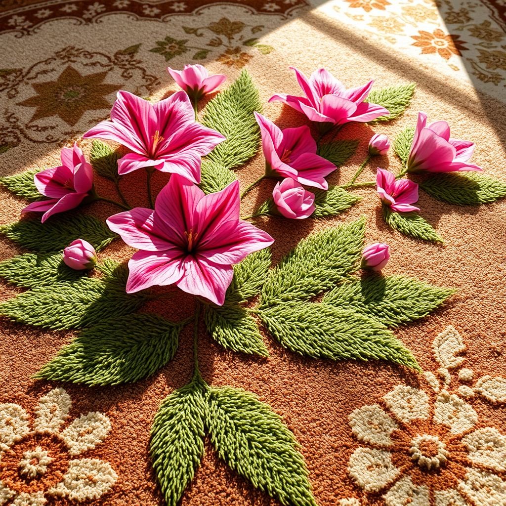 A plush area rug adorned with intricate patterns, vibrant hues in earthy tones. Stylized flowers bloom across the surface, delicate petals in varying shades of pink, their leaves lush and green. A serene ambiance portrayed, soft sunlight filtering through, casting gentle shadows and illuminating the natural beauty of each floral design.
