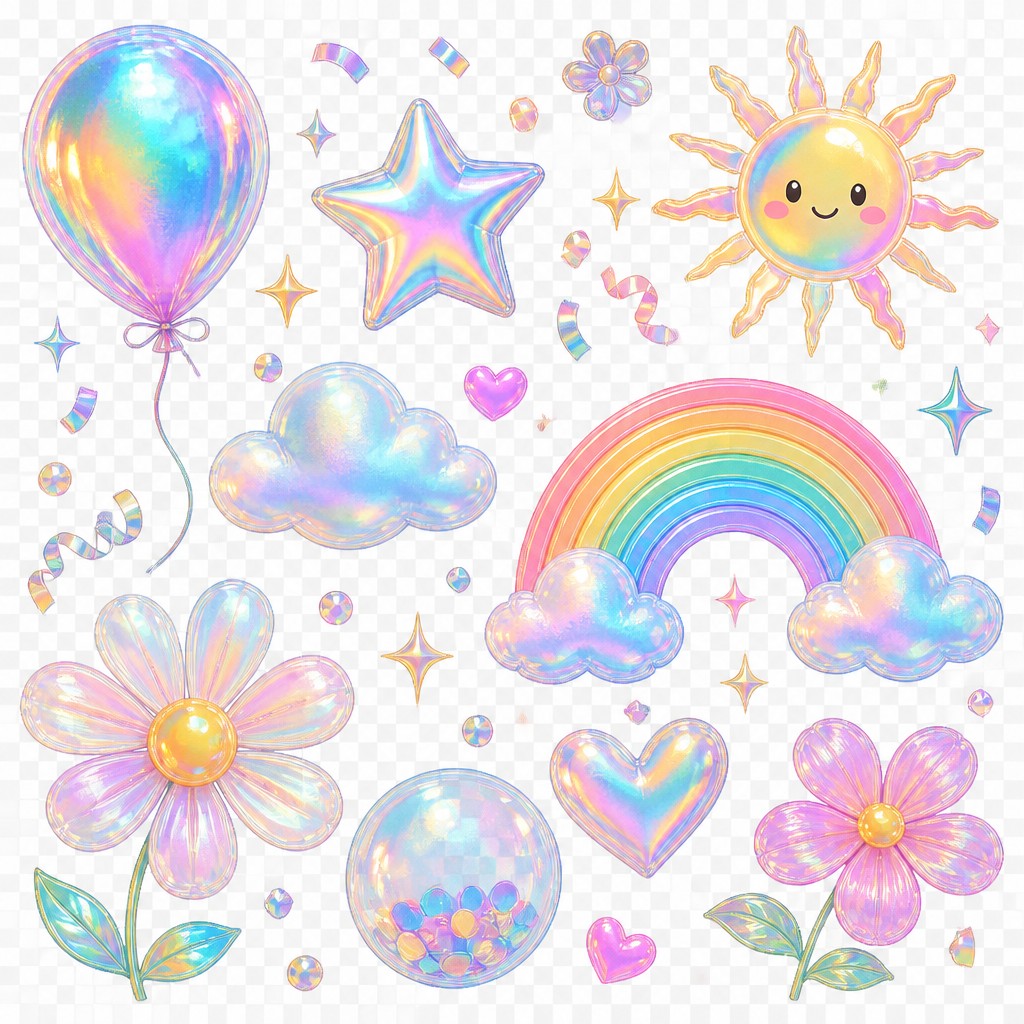 holographic frequency colored illustrative elements of a colorful, ball, confetti, star, sun, rainbow,clouds,flowers or elements that are cheerful, fun, tender that ovelay, transparent background