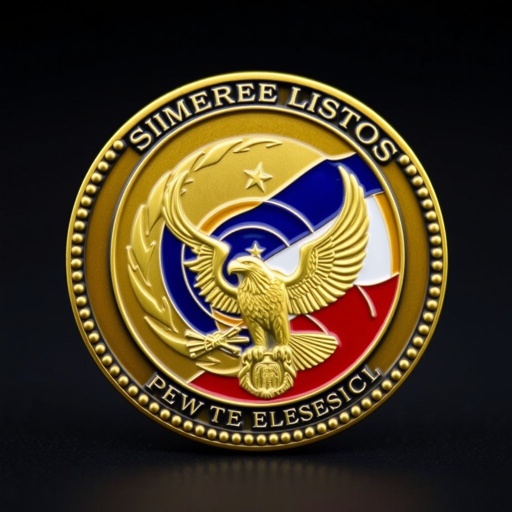 A Challenge Coin, featuring a hurricane spiral design at its center. The motto "Siempre Listos" elegantly curved along the top edge. Puerto Rico depicted artistically, vibrant colors contrasting the antique gold finish. An eagle grasps the Puerto Rican flag, detailed and fierce. A beaded edge enhances the military theme, exuding prestige.