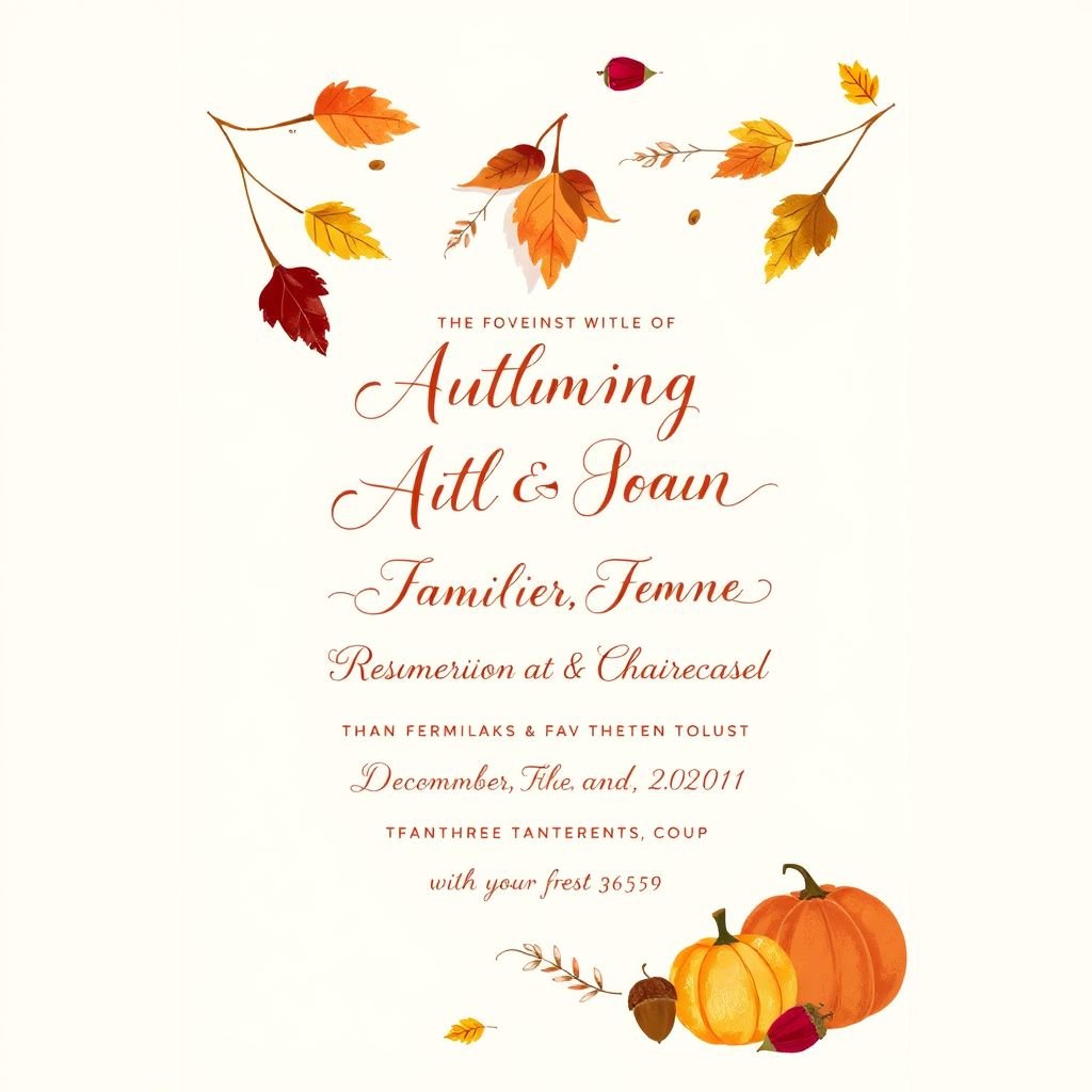 Create a charming, whimsical invitation design for a cozy autumn gathering. Incorporate warm colors like deep oranges, burgundies, and golden yellows. Feature illustrations of scattered leaves, pumpkins, and acorns. Use elegant, cursive typography to convey the details. Add a subtle texture resembling burlap for a rustic touch, inviting guests to revel in the season.