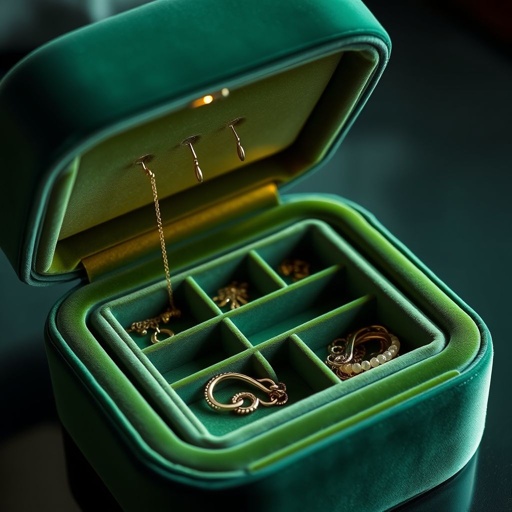 Jewelry box, opulent green velvet, smooth curves, modern elegance. Inside, delicate necklace hooks, meticulously arranged, custom compartments, treasures nestled harmoniously. Soft illumination, plush texture, gentle reflections, serene ambiance. A sanctuary for cherished adornments, tranquil atmosphere, sophistication enveloping every detail. Medium size, inviting tactile experience, rich hues, contemporary design, timeless allure.