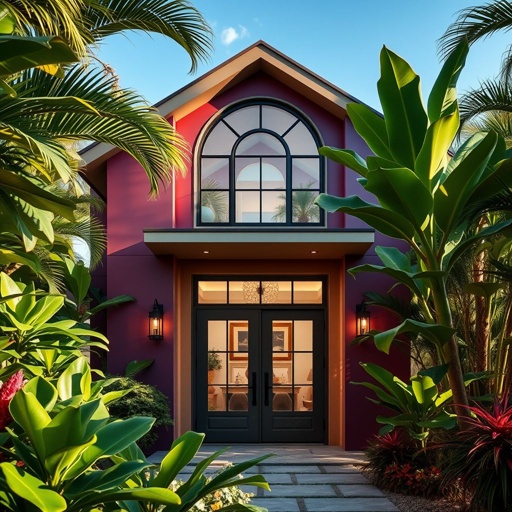 A sleek contemporary house stands amidst vibrant tropical foliage. Exterior walls clad in jewel tones shimmer under sunlight. Transom windows arch gracefully above elegant double doors. Inside, a modern farmhouse aesthetic unfolds with rustic accents. Subtle LED lighting illuminates sustainable features, creating an inviting harmony between nature and innovative design.