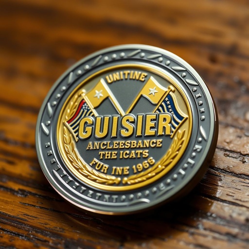 Challenge coins resting on a polished wooden surface. Gleaming metal, round and pocket-sized, features a beveled edge design. A commemorative theme showcases dual-tone colors, gold and silver. Bold text proudly displayed, flanked by intricate flags imagery. Embossed texture enhances visual depth, inviting touch and admiration, symbolizing dedication and achievement.