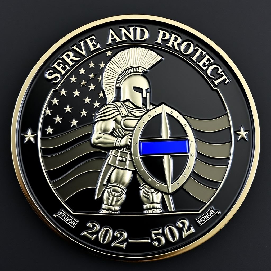 A captivating challenge coin, sleek black finish. Front side features “2025-02” elegantly curved at the bottom. The American flag ripples in the background. A resolute Spartan stands boldly, grasping a thin blue line shield. Above, the phrase “Serve and Protect” arches gracefully, epitomizing honor and dedication. Symbolic and powerful imagery.