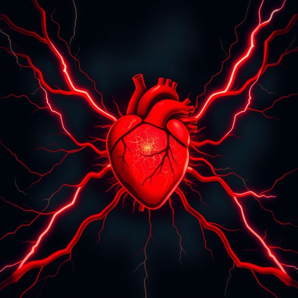"Visualize a dramatic scene depicting the concept of a heart attack: a stylized human heart surrounded by vibrant red and black colors, symbolizing urgency and danger. Include an abstract representation of arteries and veins under stress, with lightning bolts to illustrate shock, set against a dark, moody background."