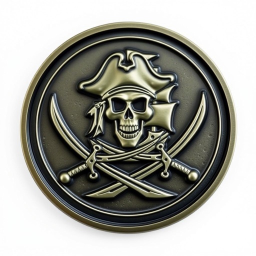 A formidable challenge coin, round and robust. Crafted from sturdy metal, featuring a matte finish. Showcasing a skeleton wearing a tattered pirate hat, surrounded by a fierce pirate ship silhouette. Two intricately designed swords cross beneath the emblem. Smooth edges create a polished feel, emphasizing the large, striking 3D relief design.
