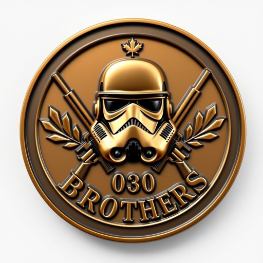 Challenge coin design featuring a round shape, metallic bronze material with a vintage finish. A Storm Trooper mask prominently placed at the center, flanked by crossed FN rifles. Maple leaves gracefully encircle the border. The words "0300 BROTHERS" appear in bold gothic text, presented in striking 3D relief, smooth edges emphasizing craftsmanship.