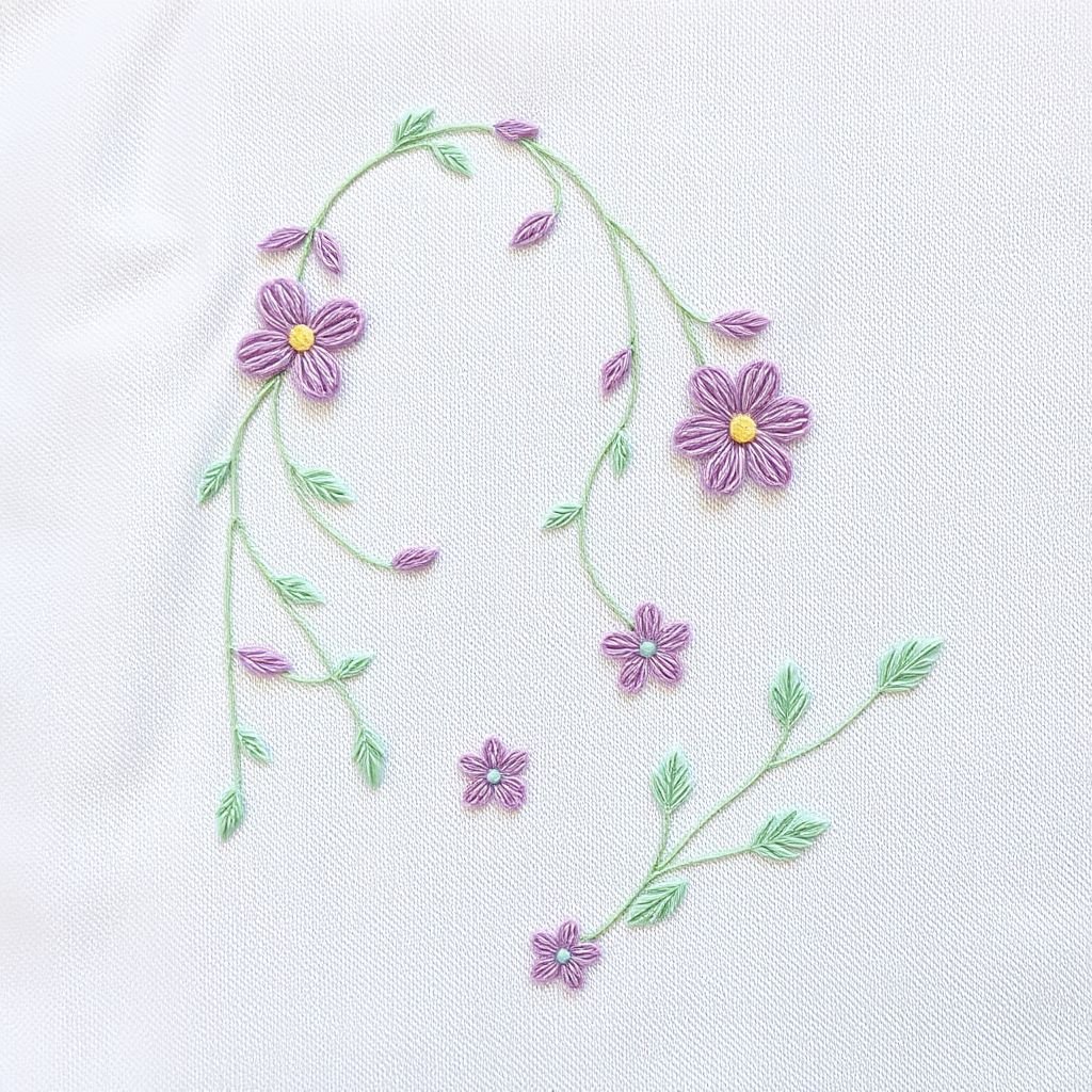 Delicate embroidery featuring flowering vines elegantly spiraling upwards, intricate petals and leaves crafted with soft cotton thread. A serene nature scene unfolds on a smooth cotton fabric background, hues of blush pink, lavender, and mint green blend seamlessly. Subtle textures invite a gentle touch, evoking tranquility and natural beauty in every stitch.