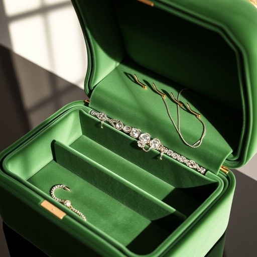A luxurious jewelry box, crafted from rich green velvet, exuding modern elegance. Smooth, curved edges enhance its contemporary silhouette. Inside, delicate necklace hooks elegantly arranged create an organized haven for treasured adornments. Soft light reflects off the plush fabric, inviting a sense of tranquility and sophistication in every corner.