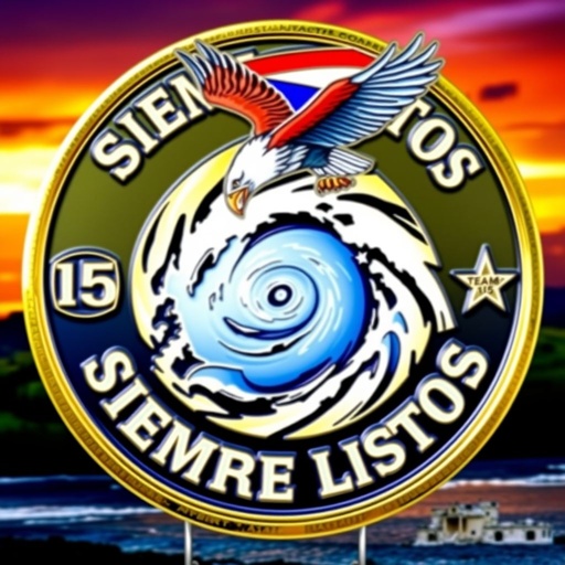 A circular challenge coin featuring a dynamic hurricane spiral at the center. Bold, elegant lettering encircles the design, proclaiming "Siempre Listos." The backdrop includes the vibrant colors of Puerto Rico's landscape. Team 15 insignia occupies one side, while a majestic eagle flies overhead, clutching the Puerto Rican flag in its talons.